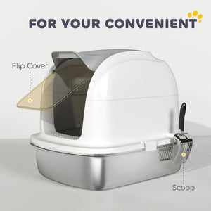 Large Stainless Steel Cat Litter Box with Lid, Enclosed Cat Litter Box with Flip Cover, Scoop