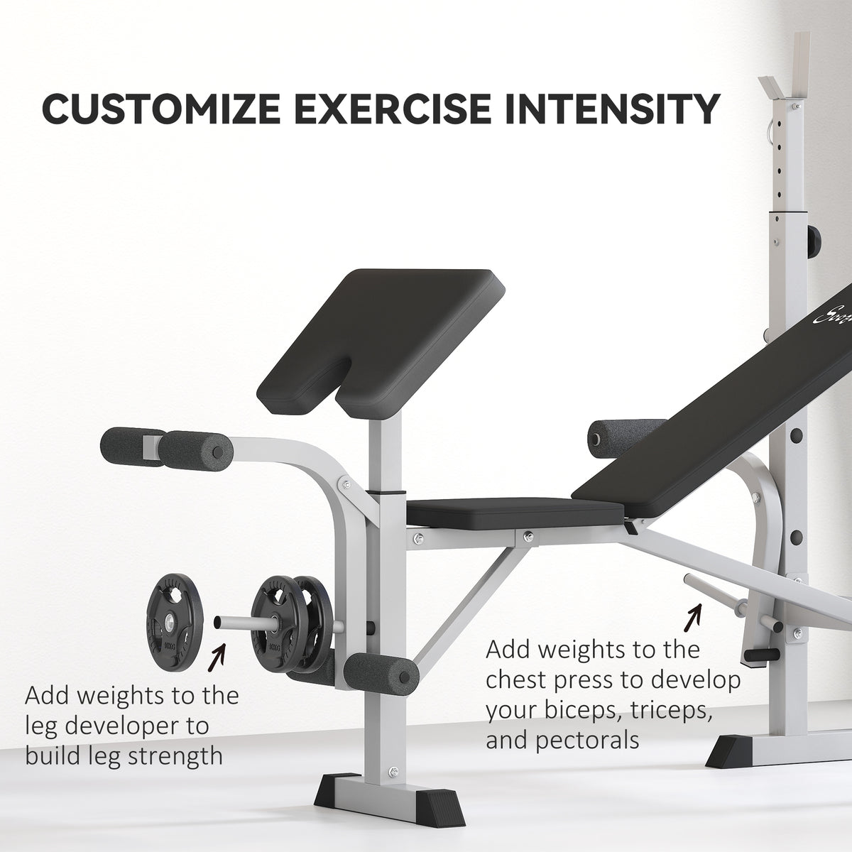 Soozier Bench Press Set Adjustable Weight Bench with Squat Rack, Preacher Curl Pad, Leg Developer and Weight Storage