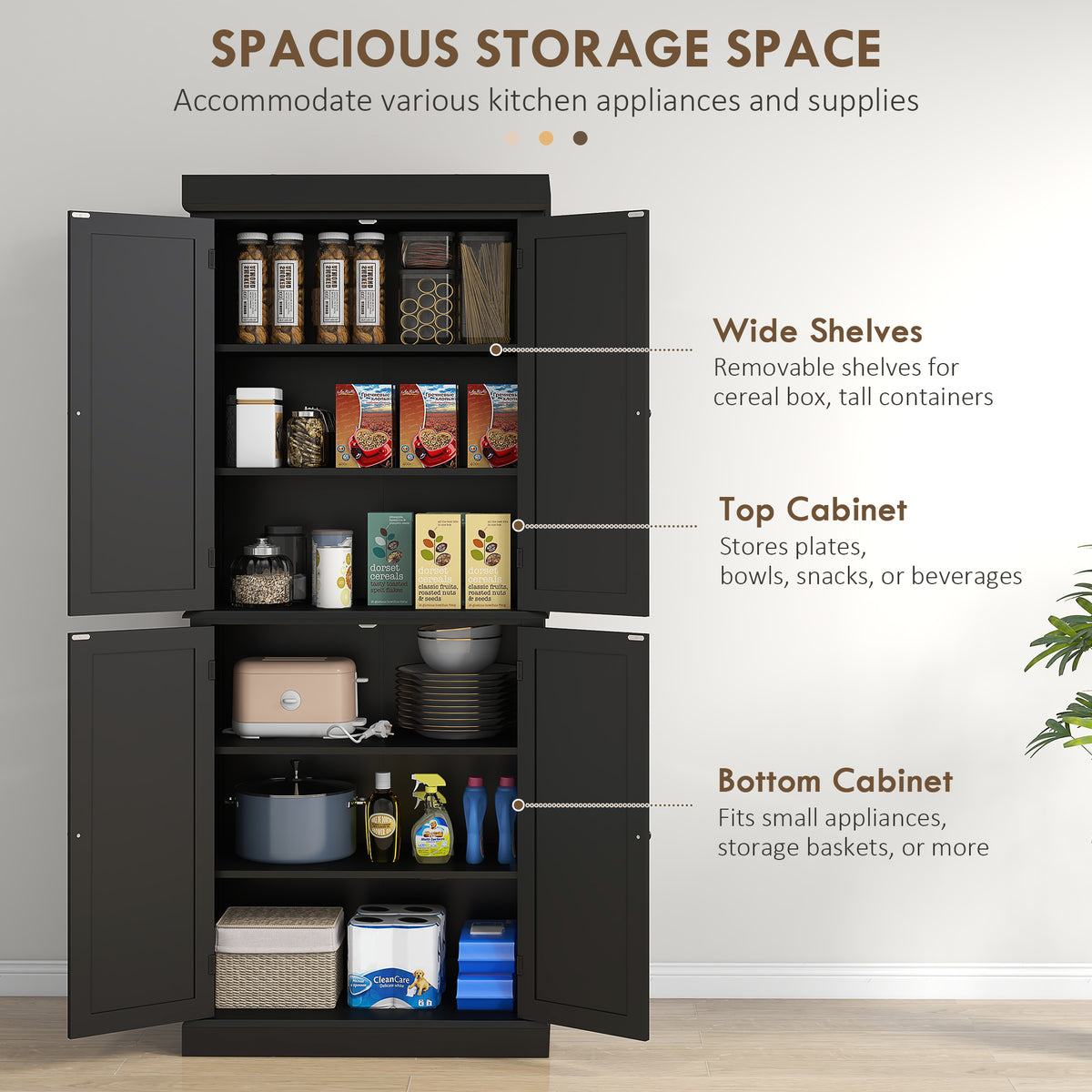 72.5" Freestanding Kitchen Pantry Cabinet with 4 Doors, Black