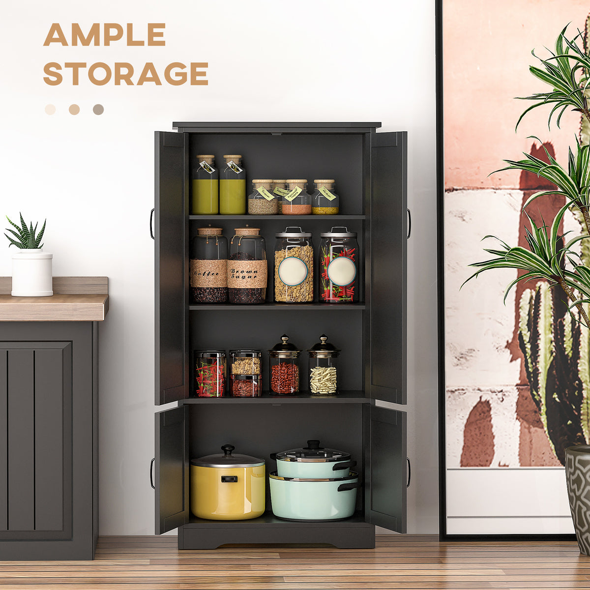 48" 4-Door Storage Cabinet Multi-Storey Large Space Pantry with Adjustable Shelves Black – view 3