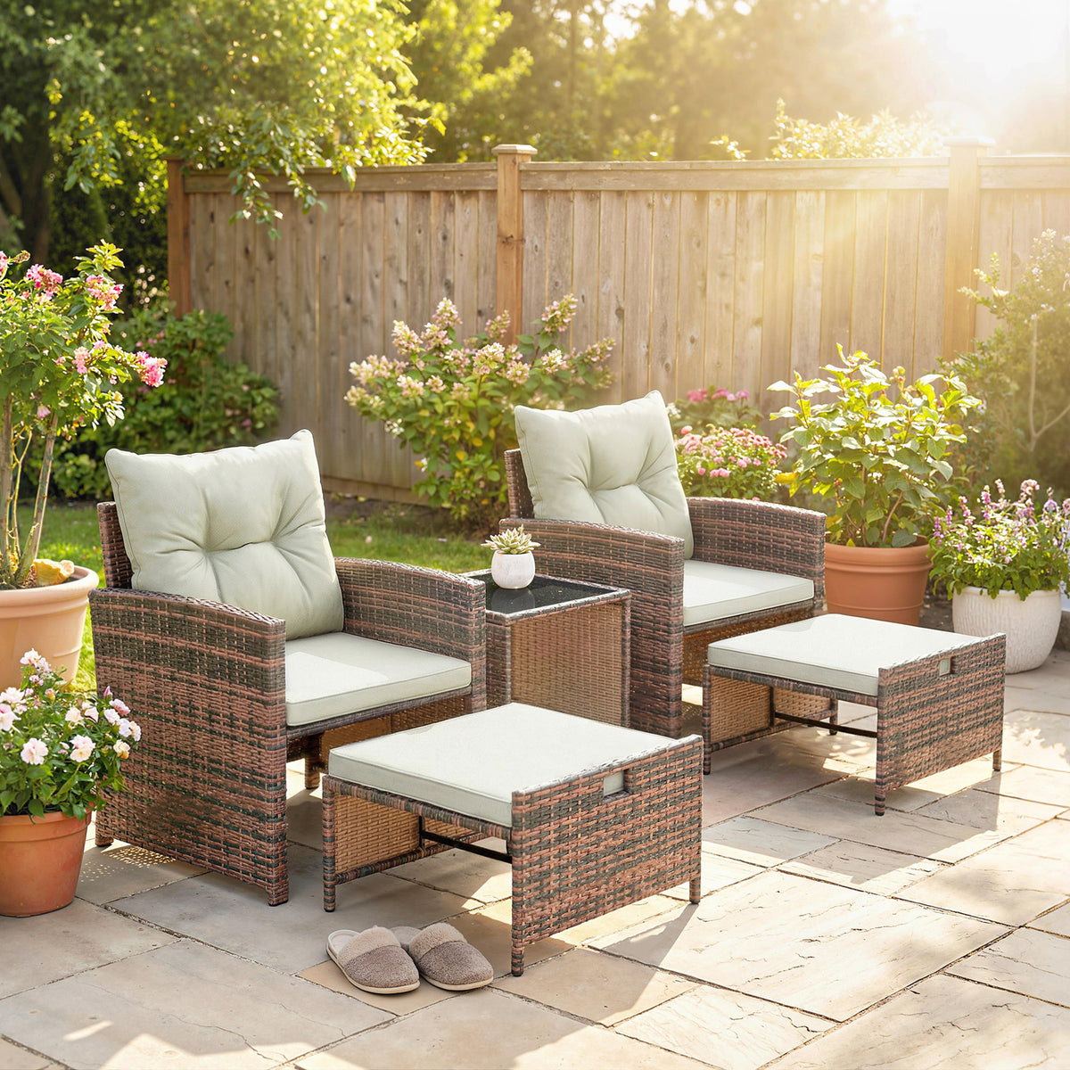 5 Piece Patio Furniture Set, Wicker Patio Chairs with Ottomans, 2-Tier Glass Coffee Table and Cushions – view 28