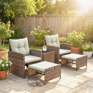5 Piece Patio Furniture Set, Wicker Patio Chairs with Ottomans, 2-Tier Glass Coffee Table and Cushions – view 28