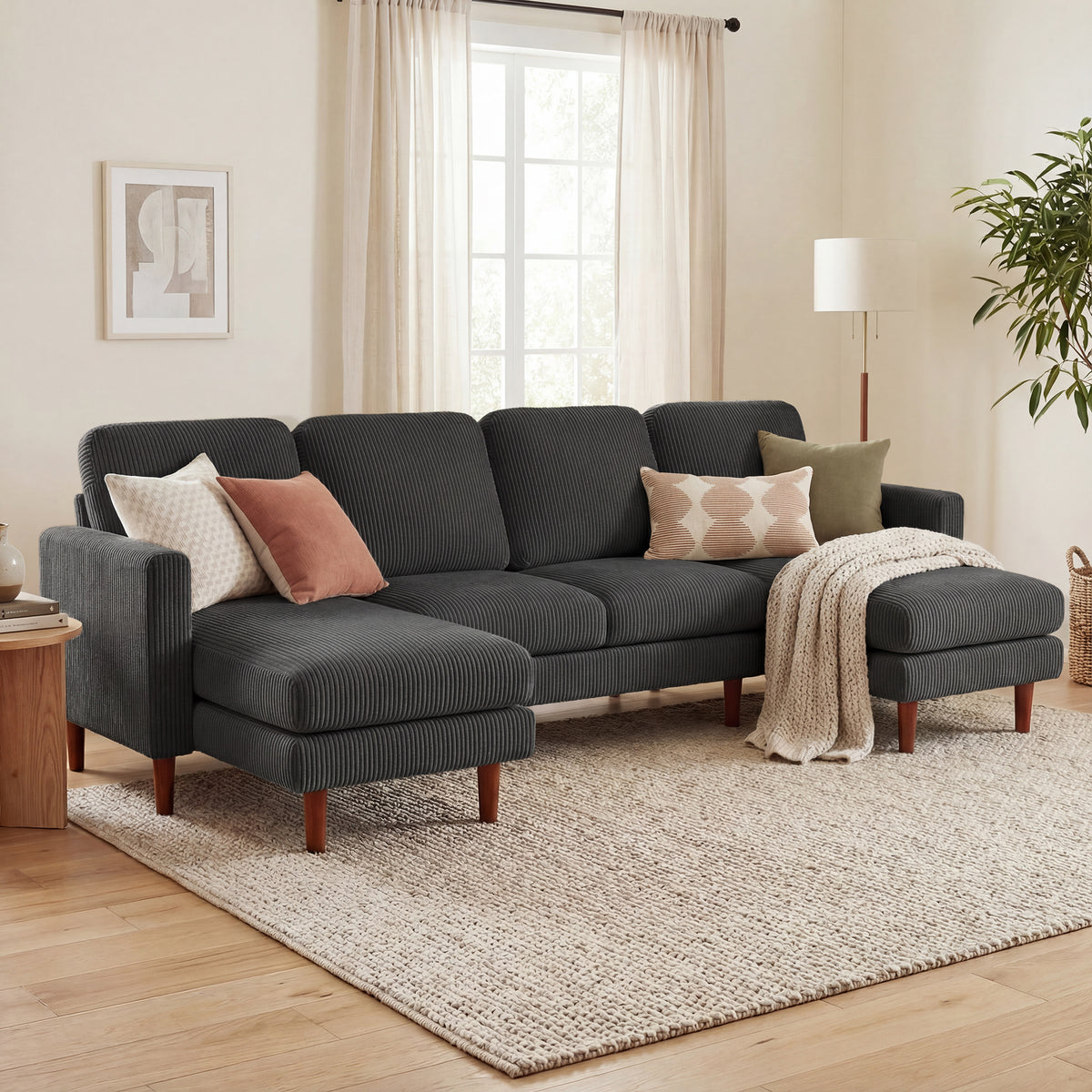 Sectional Sofa, Corduroy U Shaped Couch with Double Chaise and Spring Cushions, 2200lb Capacity, Beige – view 14
