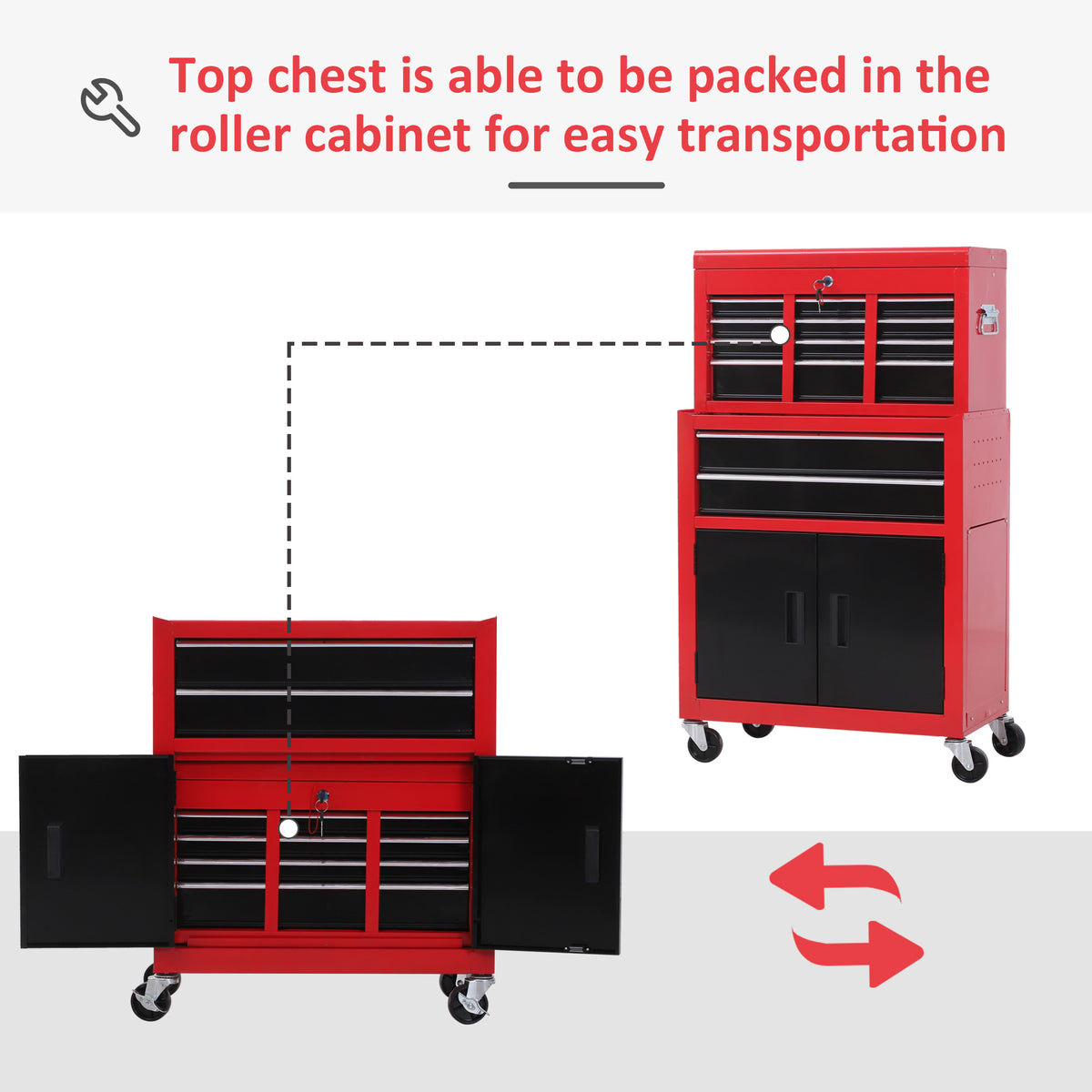 6-Drawer Rolling Tool Chest, 2 in 1 Lockable Storage Cabinet with Hooks, Metal Tool Box for Garage – view 19