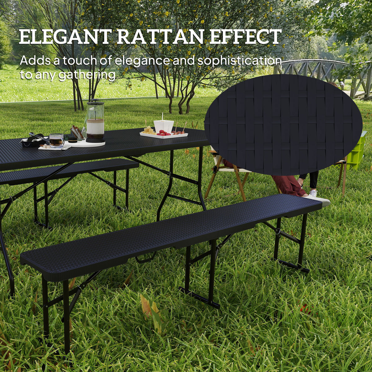 6FT 3PCS Faux Rattan Outdoor Camping Table Bench Set with Carrying Handles, Folding Picnic Table with 2 Benches, Black
