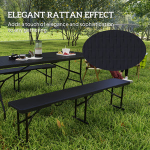 6FT 3PCS Faux Rattan Outdoor Camping Table Bench Set with Carrying Handles, Folding Picnic Table with 2 Benches, Black