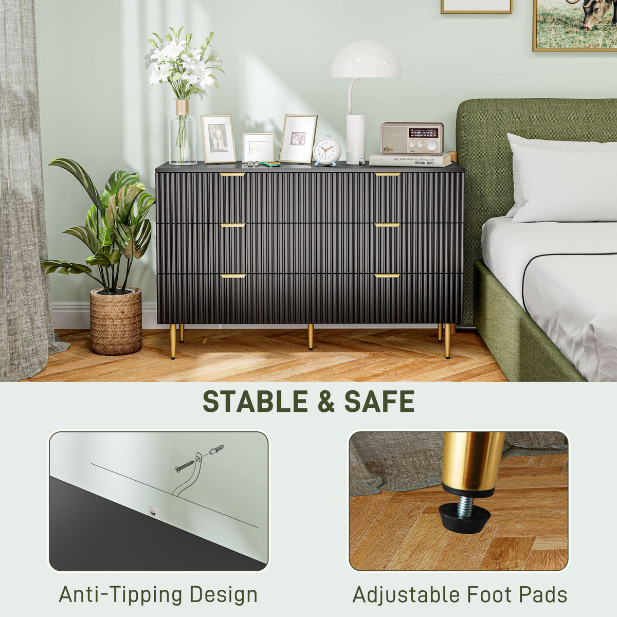 Modern Chest of Drawers 4 Drawer Dresser for Bedroom with Gold Legs and Handles, Black – view 19