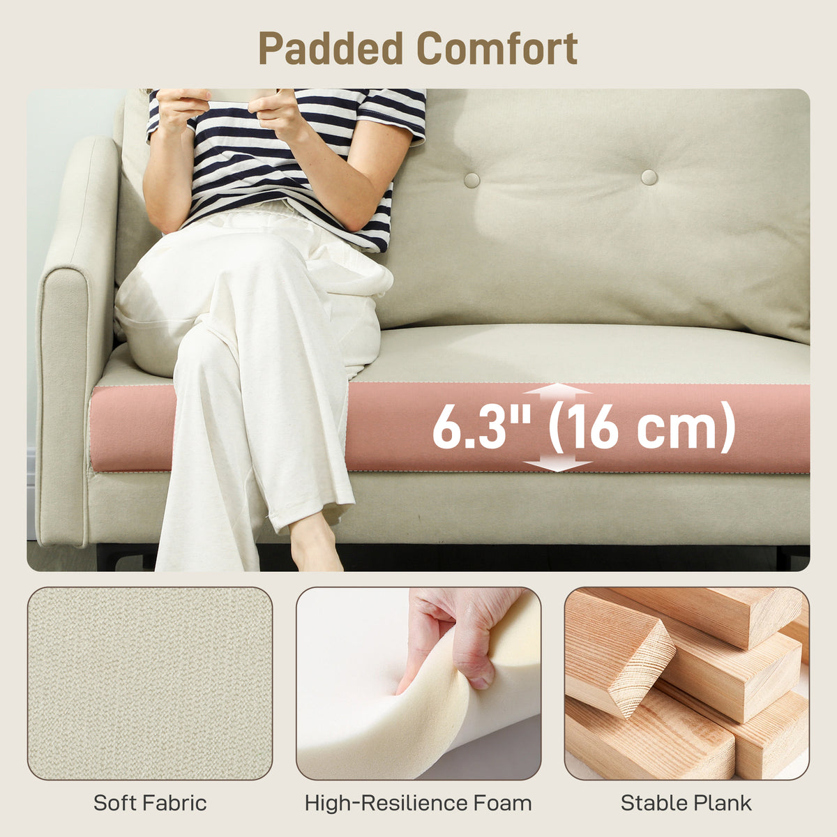2 Seater Sofa, Small Modern Couch with High-Resilience Foam, Thicken Padding, Button Tufted, Cream White – view 3