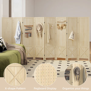 4.7' 3 Panel Wooden Room Divider with Pegboard Display, Folding Privacy Screen for Home Office, Natural – view 45
