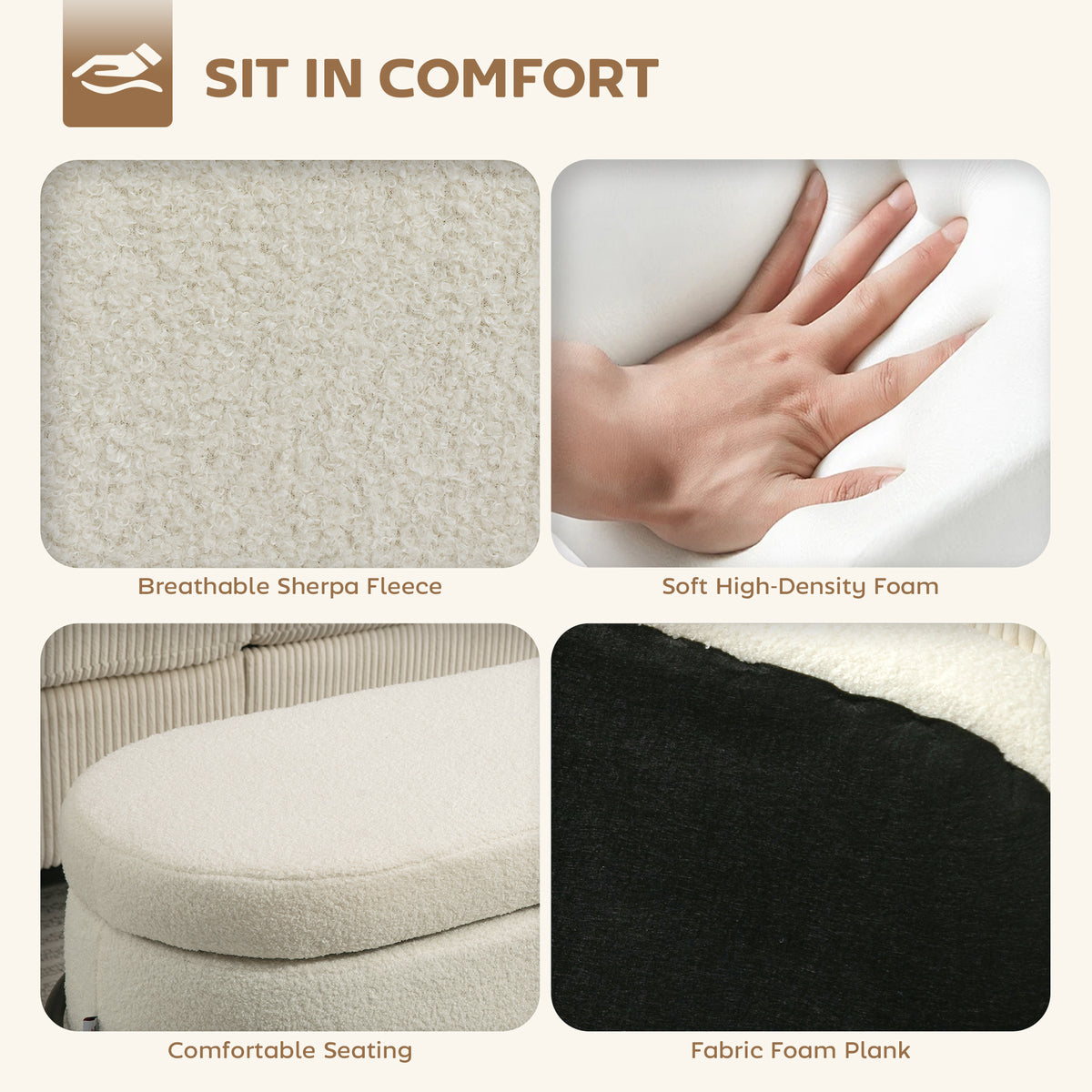 Storage Ottoman with Lift-Up Lid and Steel Legs, 45 Inches Sherpa Fleece Storage Chest for Living Room, Cream White