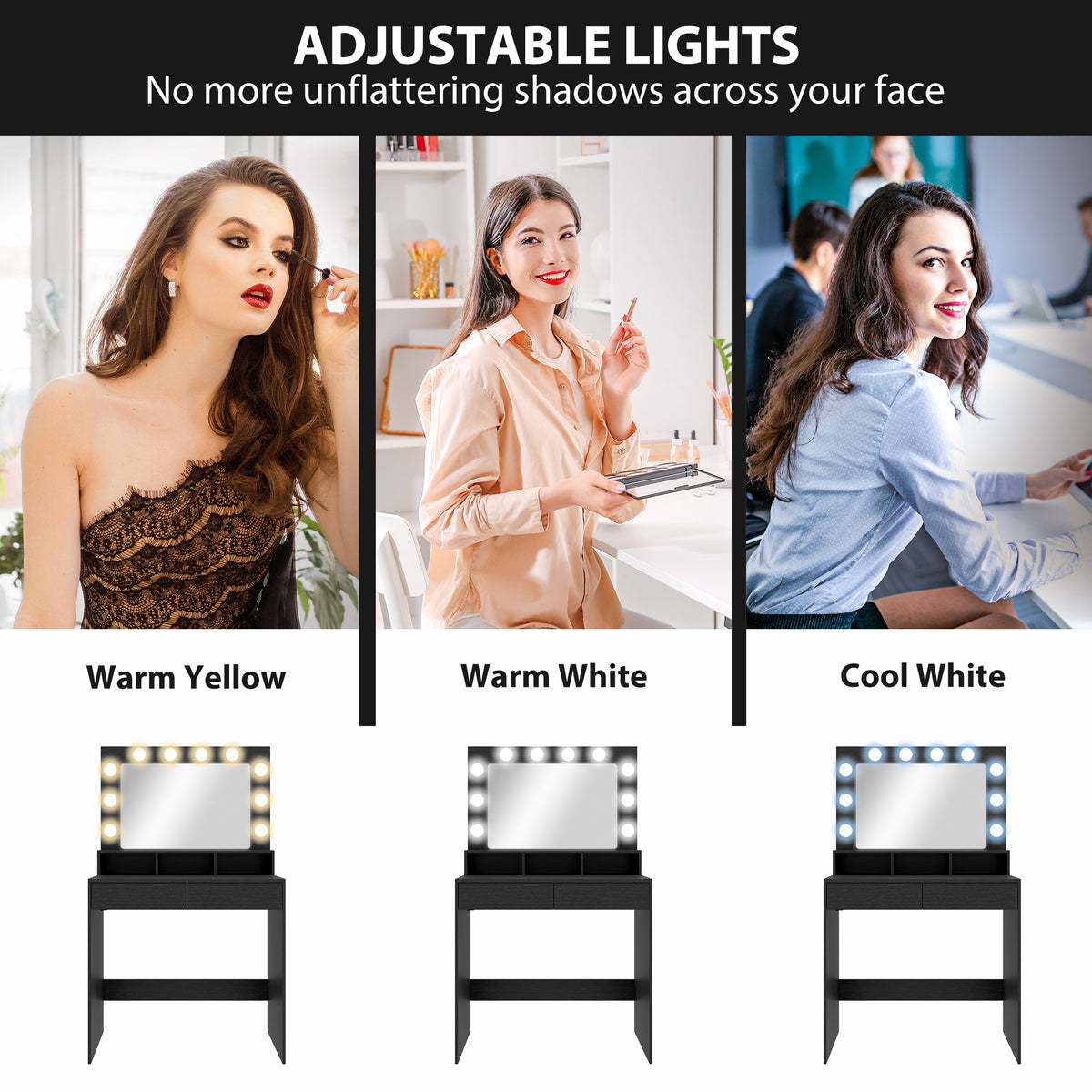 Vanity Table, Makeup Dressing Table with LED Lighting Mirror, Drawers, for Bedroom, Black – view 17