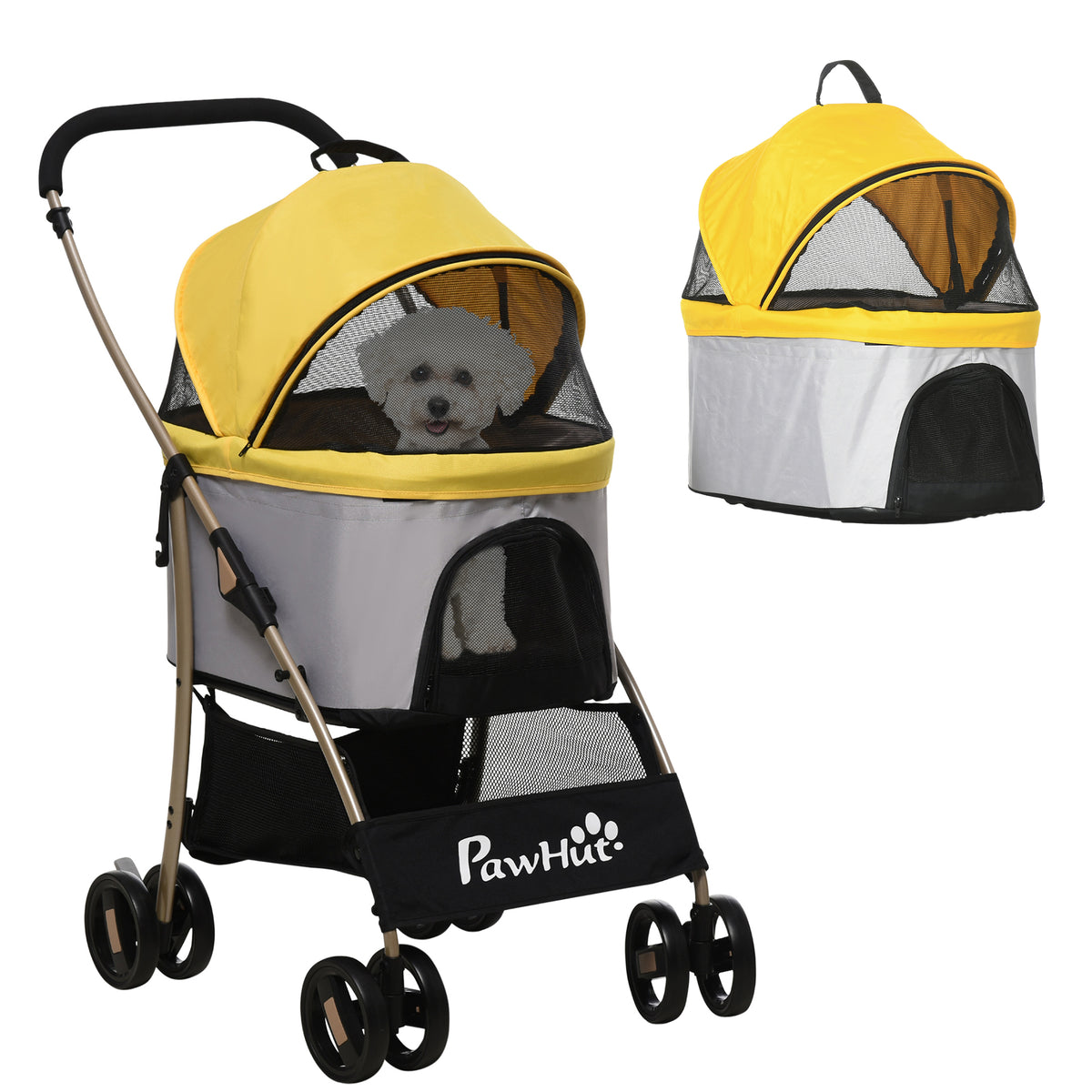 4 Wheels Pet Stroller, 3 in 1 Dog Cat Travel Folding Carrier, for Small Dogs, Detachable, w/ Brake, Canopy – view 8