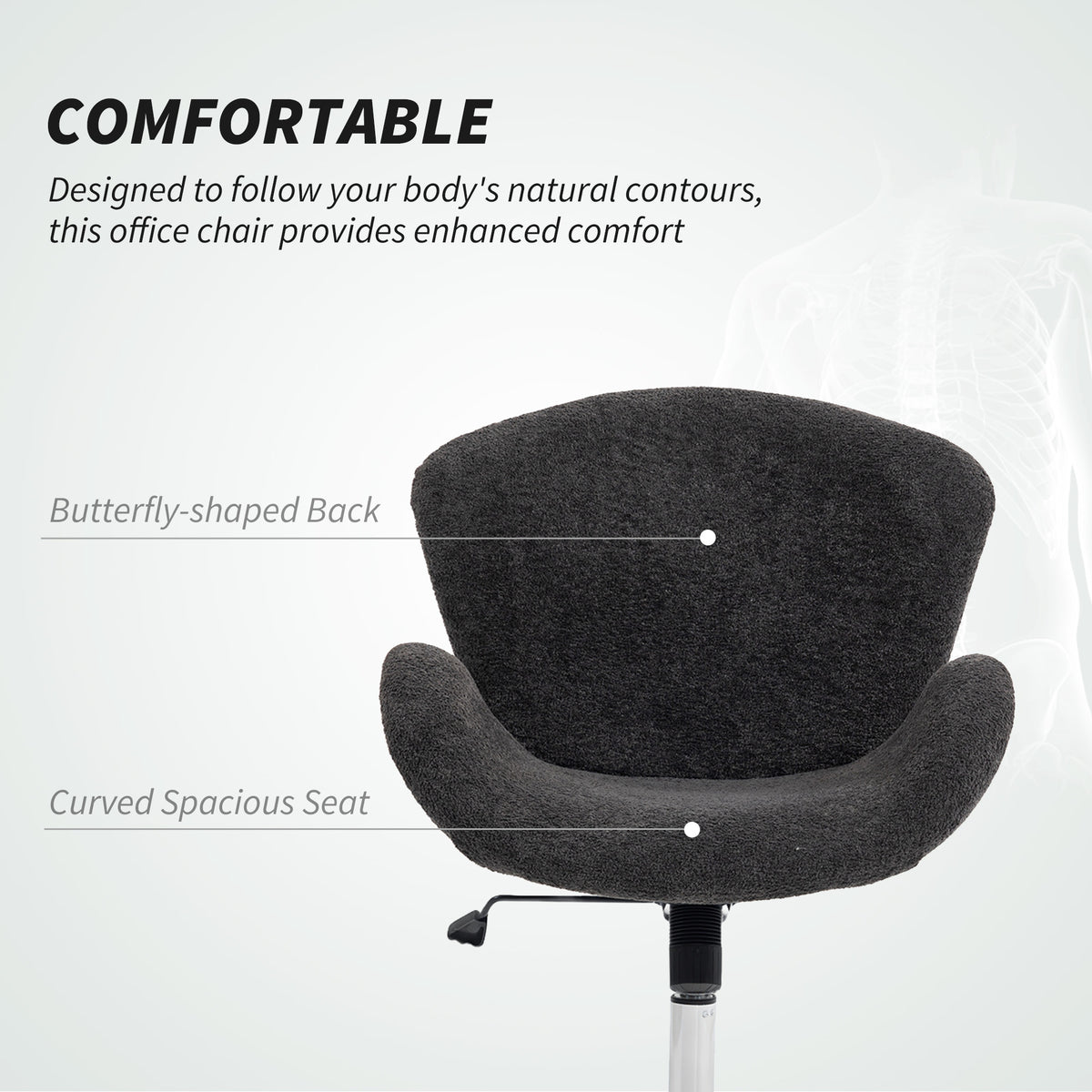 Swivel Office Chair, Velvet Desk Chair with Wide Bucket Seat, Butterfly Back, Tilt Function and Round Base – view 3