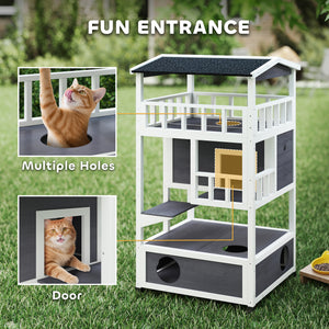 4-Floor Wood Outdoor Cat House Catio for Cats with Condo, Fun Entrances, Perch, Grey – view 4