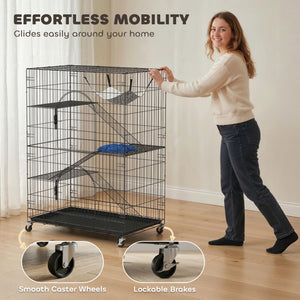 4-Tier Cat Cage, Large Cat Enclosure with Lockable Wheels, Tray, Hammock, Bed, 3 Ramp, 3 Platforms for 3-5 Kittens
