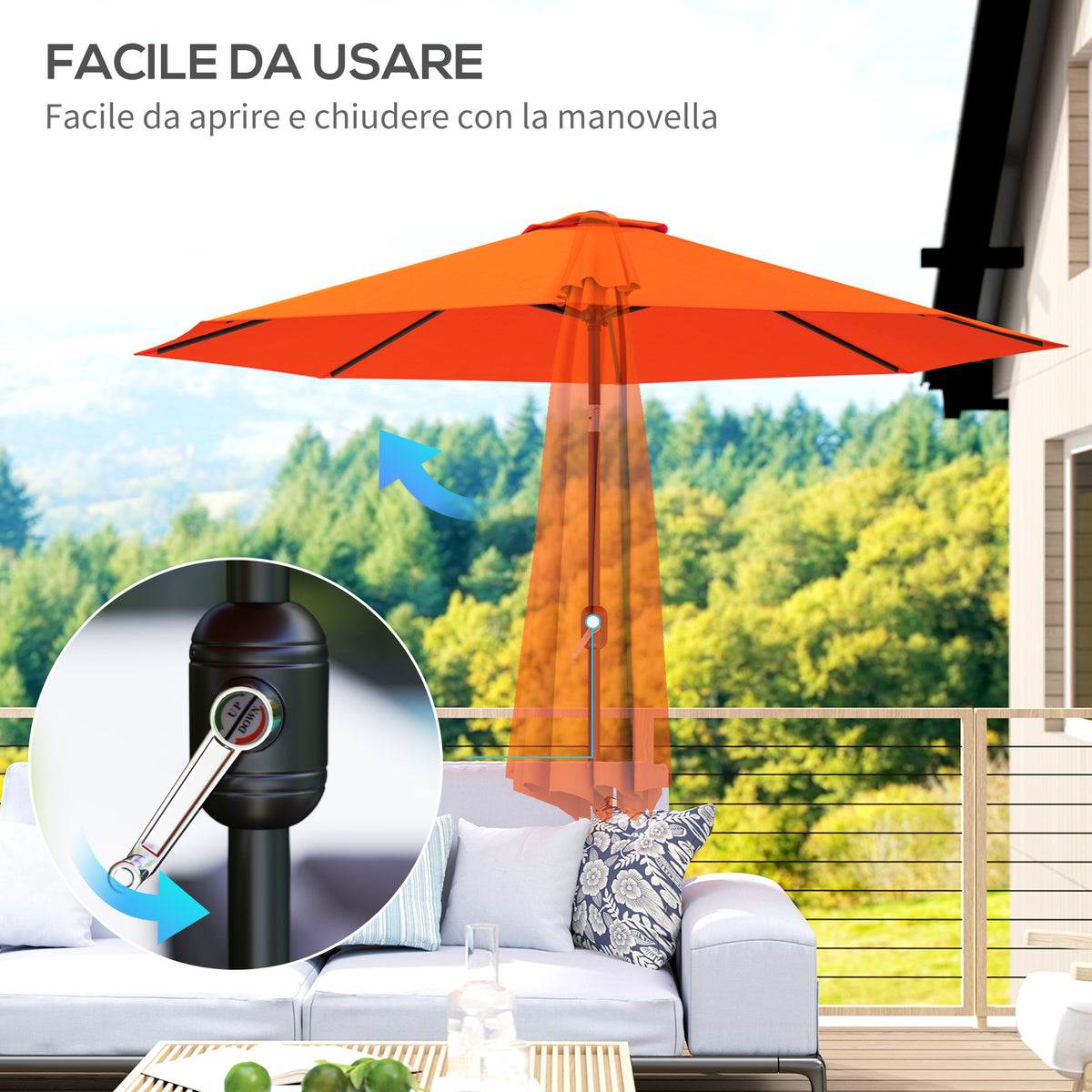 10' x 8' Round Market Umbrella, Patio Umbrella with Crank Handle and Tilt, Outdoor Parasol for Garden, Blue – view 45