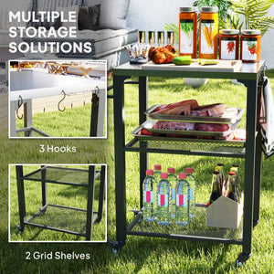 3-Shelf Outdoor Grill Cart Table with Side Handle, Stainless Steel Pizza Oven Stand on Wheels, Black – view 18