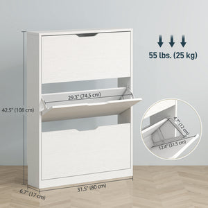 Narrow Shoe Storage Cabinet, Shoe Cabinet with 3 Flip Drawers, 31.5" W x 6.7" D x 42.5" H, White