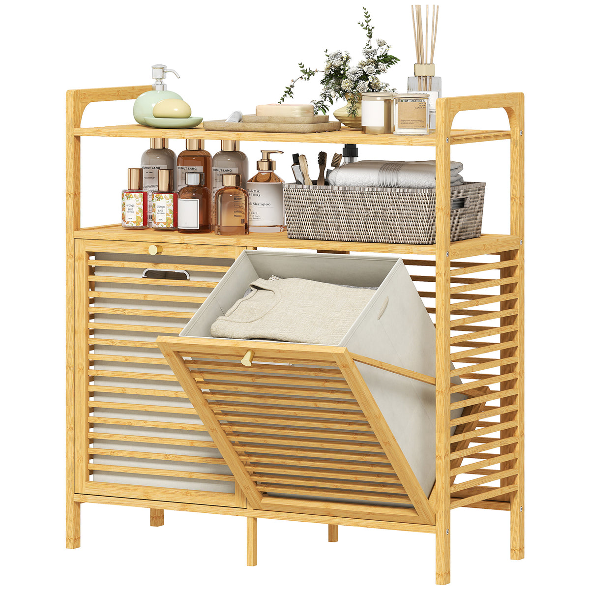 Tilt Out Laundry Hamper, Bamboo Laundry Cabinet with 2 Removable Baskets and 2-Tier Shelves for Laundry Room, Natural
