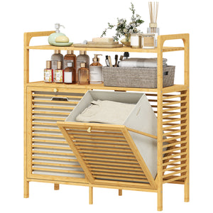 Tilt Out Laundry Hamper, Bamboo Laundry Cabinet with 2 Removable Baskets and 2-Tier Shelves for Laundry Room, Natural