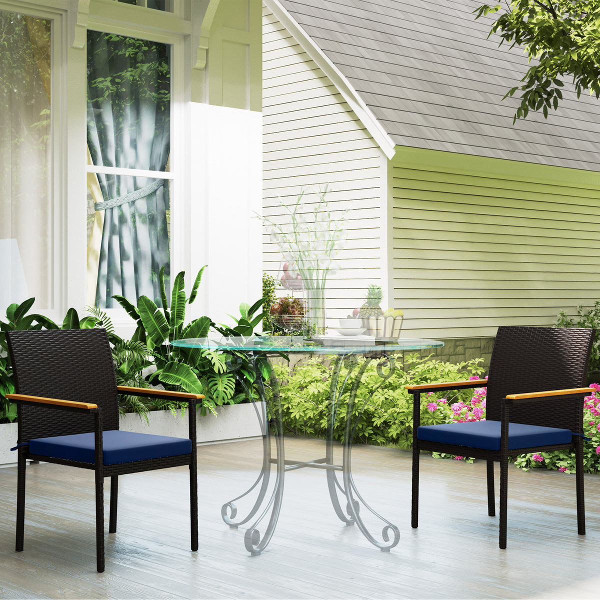 Stackable Wicker Patio Chairs Set of 2 with Removable Cushion, Armrest for Garden, Porch, Yard, Navy Blue