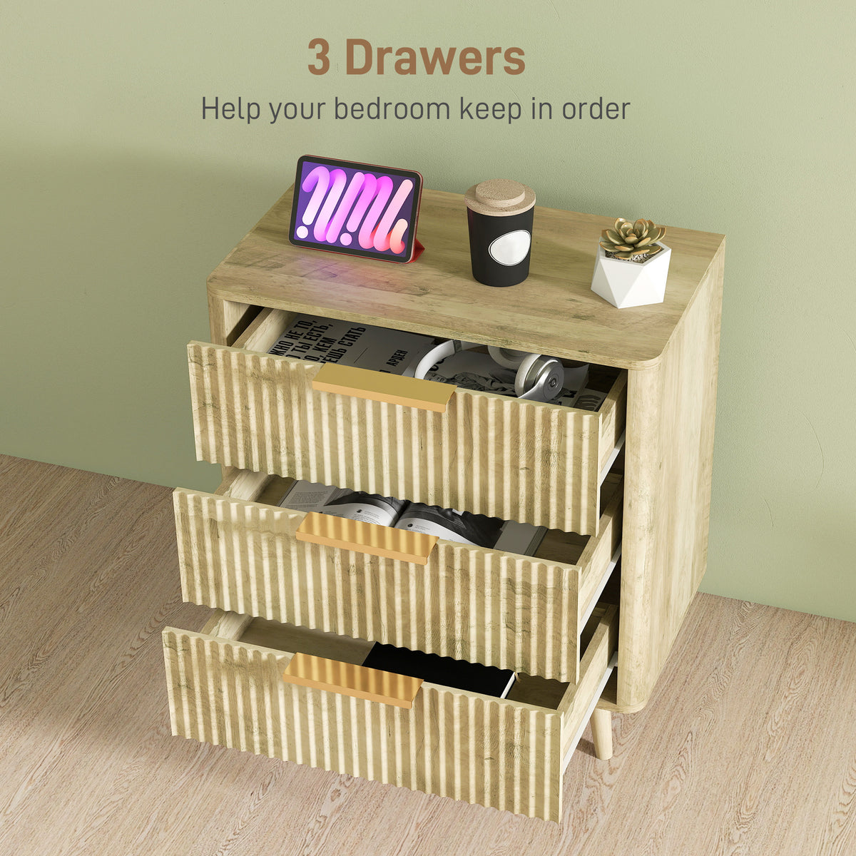 Fluted Chest of Drawers, Modern 3 Drawer Dresser with Pine Wood Legs, Finger Pulls for Closet, Living Room, Hallway, Oak