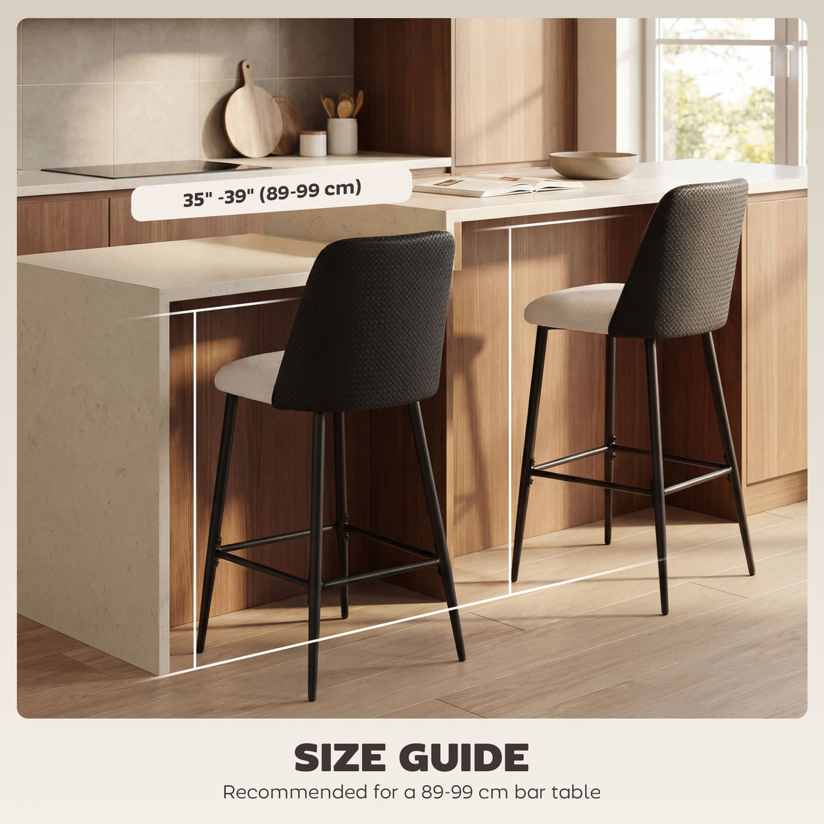Bar Stools Set of 2, 26" Counter Height Bar Stools with PU Backrest, Linen-look Fabric Seat, Black