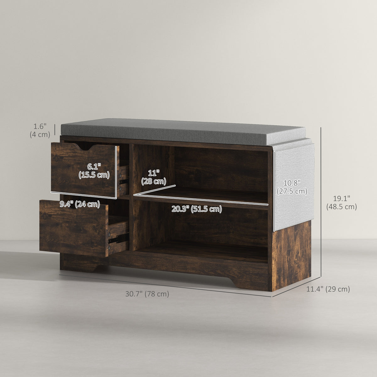 Upholstered Shoe Storage Bench w/ Seat, Entrance Bench w/ Drawer Open Shelves and Pocket for Hallway, White – view 16