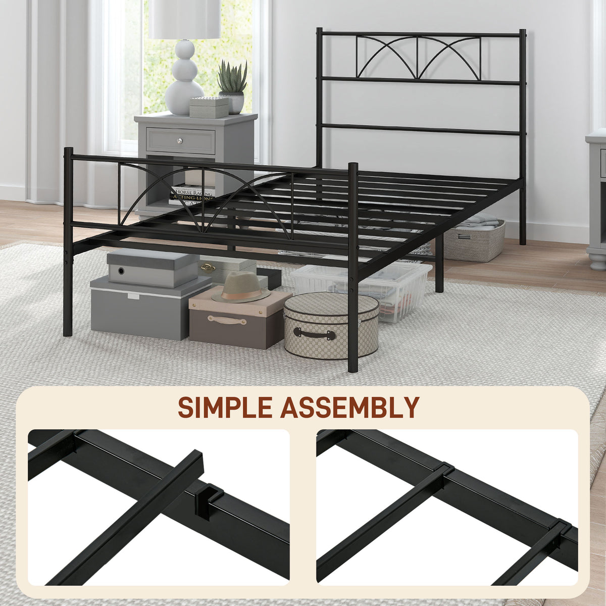 Metal Full Platform Bed Frame with Headboard, Steel Slat Support, Underbed Storage, No Box Spring Needed, Easy Assembly