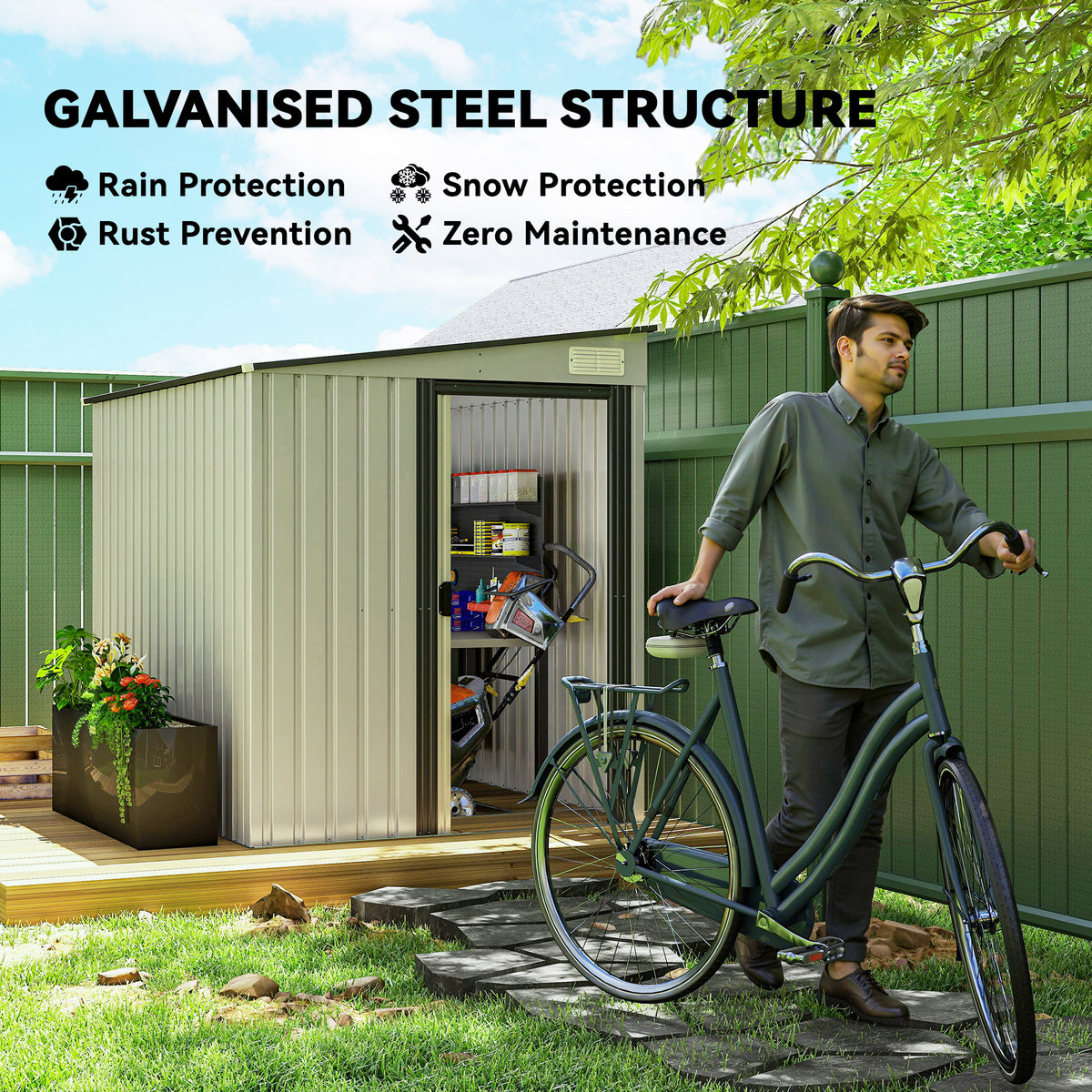 5'x7' Lean to Galvanized Metal Shed with Foundation, Garden Tool Storage House with Sliding Door and 2 – view 24