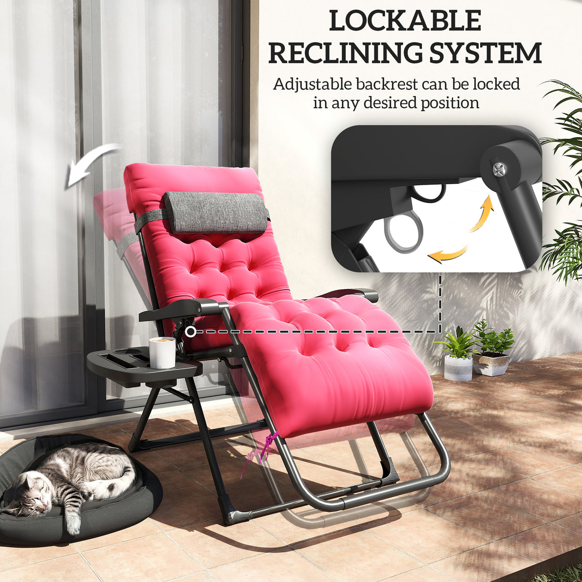 Padded Folding Recliner Chair, Patio Lounger with Cupholder, Adjustable Backrest, Removable Cushion, Black – view 17