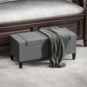 36" Storage Ottoman Bench, Linen-Look Fabric End of Bed Bench with Solid Wood Frame and Legs, Tufted Storage Chest, Footrest for Living Room, Bedroom, Entryway, Grey