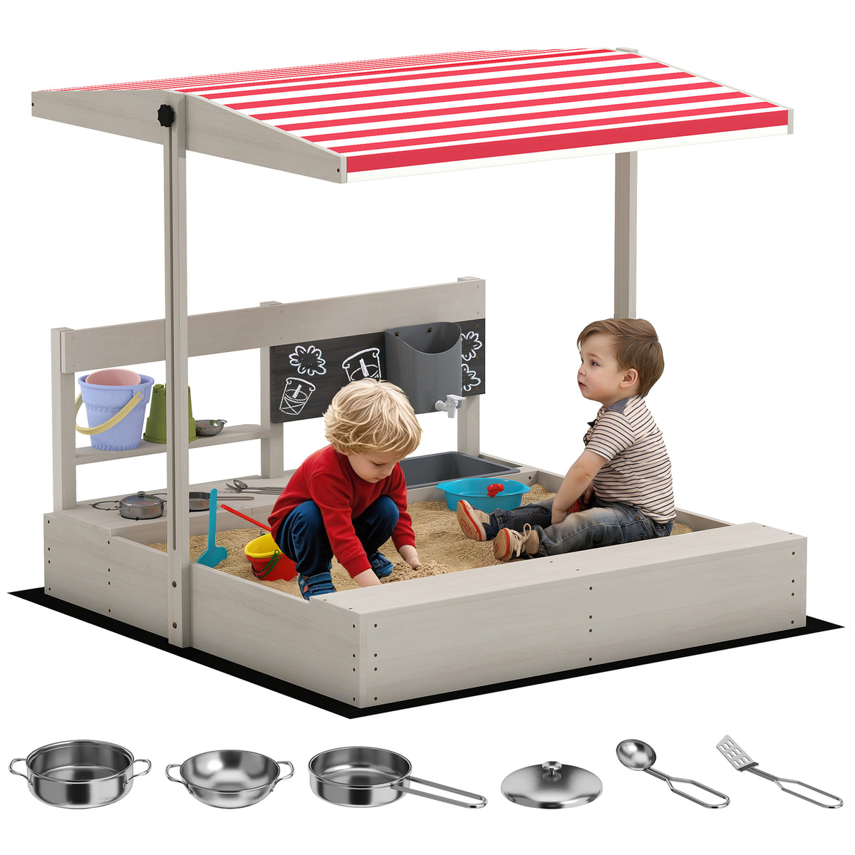 Kids Sandbox with Cover Kitchen Playset Toys, Wooden Sand Box with Seat, Storage, for 3-7 Years Old, Grey