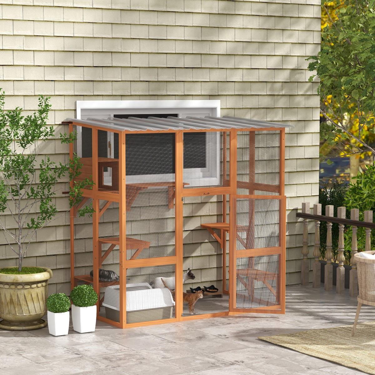Large Outdoor Catio with Weatherproof Roof, Bridge, Resting Box, Platforms, Grey – view 14