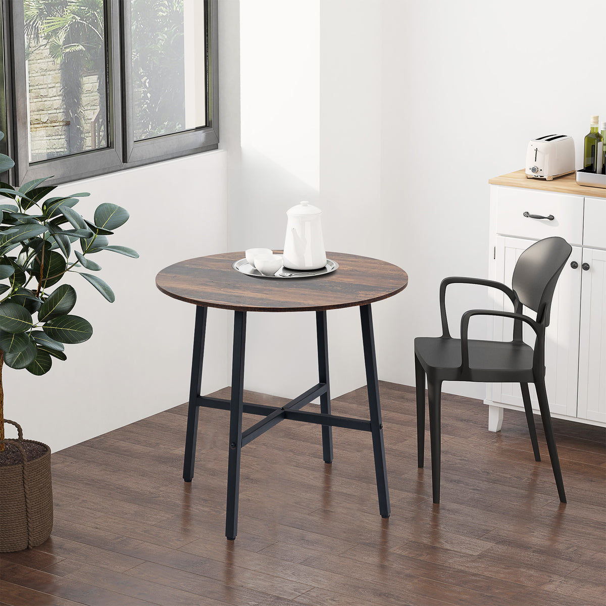 Ф31.5" Dining Room Table, Industrial Style Kitchen Table Round  with Steel Legs, Rustic Brown