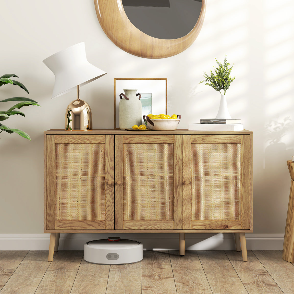 Bohemian Sideboard with Rattan Doors & Adjustable Shelf, Natural Wood Finish
