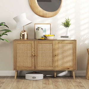 Bohemian Sideboard with Rattan Doors & Adjustable Shelf, Natural Wood Finish