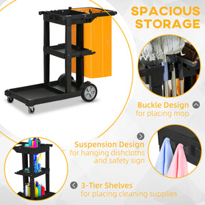Janitorial Cart with 3 Shelves, Cleaning Cart on Wheels with Rubbish Bag and Mop Holders for Hotel – view 10