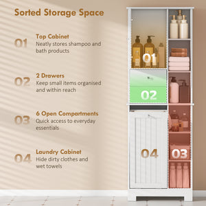 67" Tall Bathroom Storage Cabinet, Slim Bathroom Cabinet with Tilt-Out Laundry Basket, White