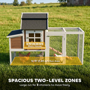 71" Chicken Coop for 3 Chickens, Wooden Hen House with Run, Removable Tray, Nesting Box, Waterproof Asphalt Roof