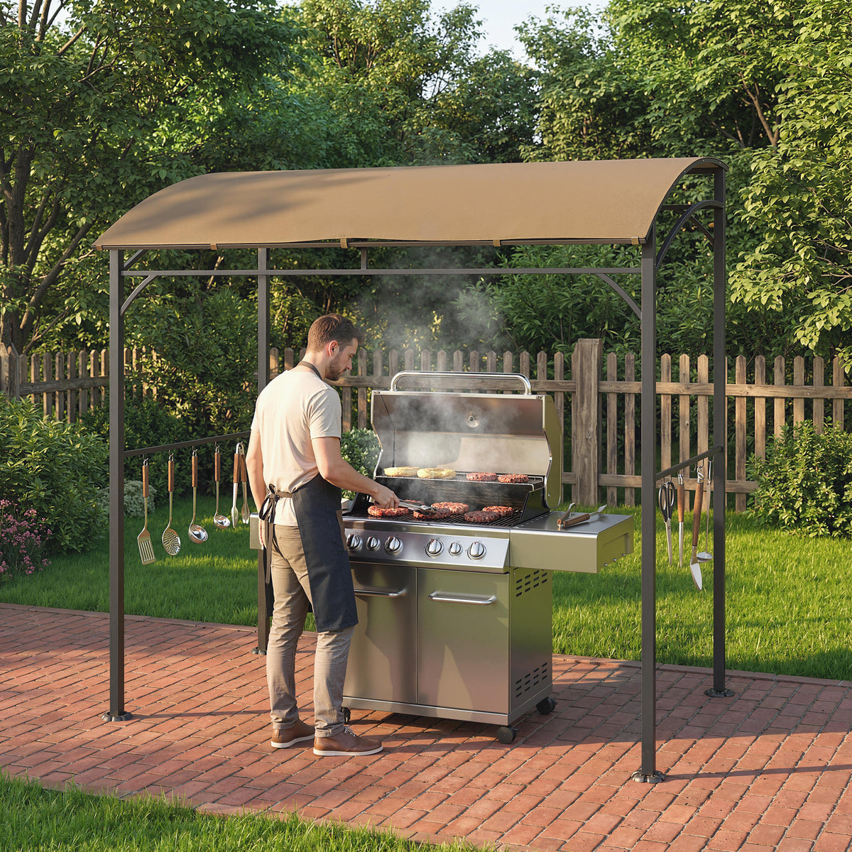 7' x 5' BBQ Grill Gazebo Tent, Garden Grill Canopy with Steel Frame and Hooks, Outdoor Sun Shade, Grey – view 34