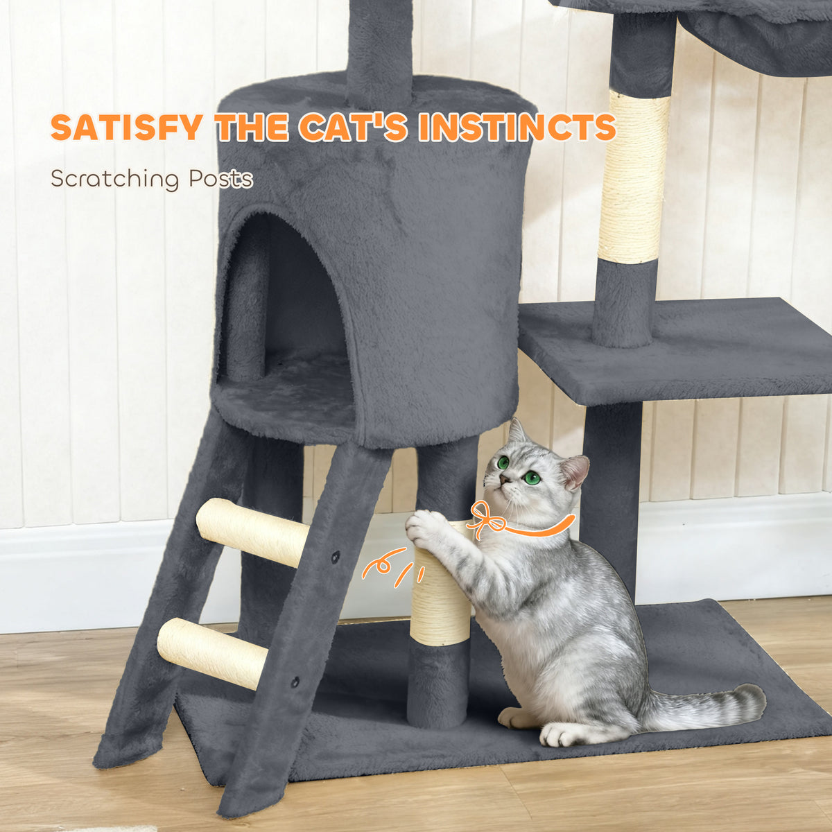 53" Cat Tree Tower, Kitten Activity Centre with Scratching Posts, Condo, Perches, Ladder, Hammock – view 20