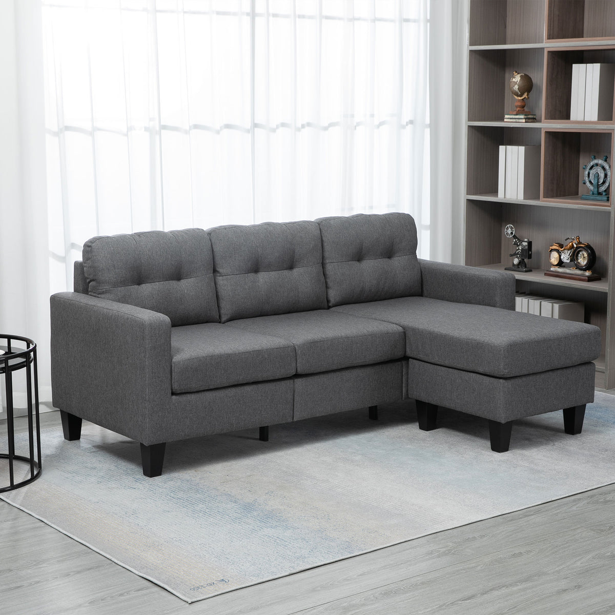 L-shaped Sofa, 3 Seater Couch with Ottoman, Corner Sofa with Thick Padded Cushion and Wood Legs, Dark Grey