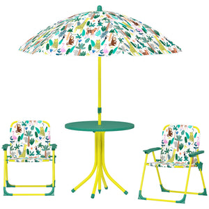 Qaba Kids Picnic Table, Kids Table and Chair Set with 2 Folding Chairs and Umbrella for Backyard, Garden, Patio, Green