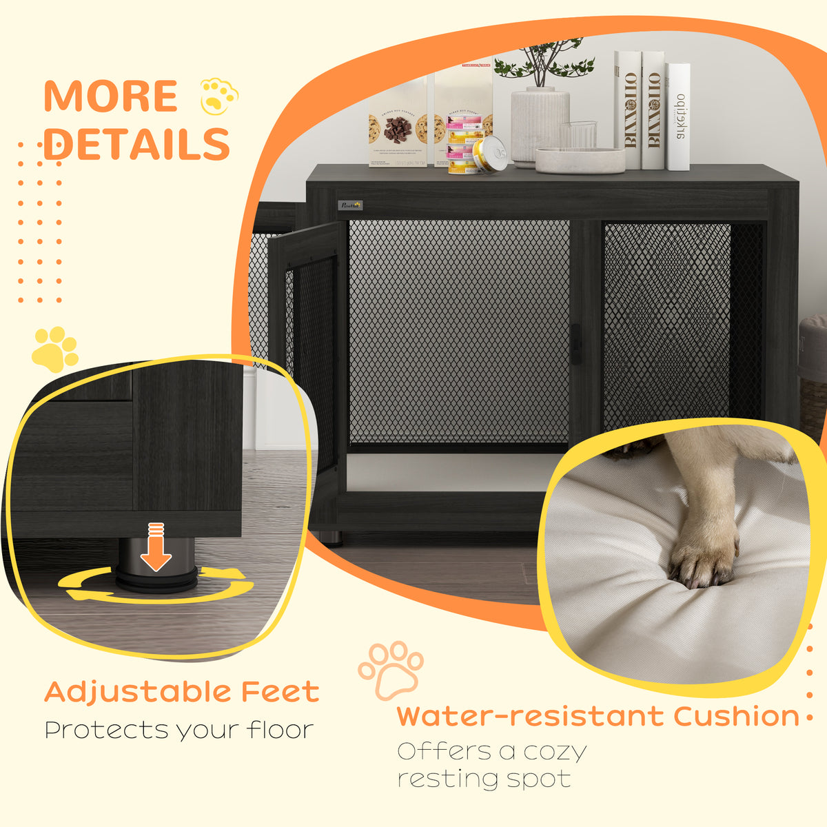 Pet Crate End Table with Water-resistant Cushion or Large Medium Dogs, Black – view 6