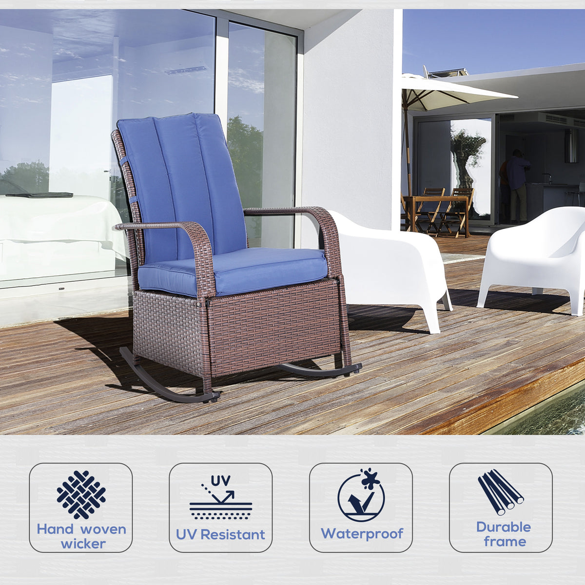 Outdoor Wicker Rocking Chair with Cushion, Patio PE Rattan Recliner Chair with Adjustable Footrest – view 3