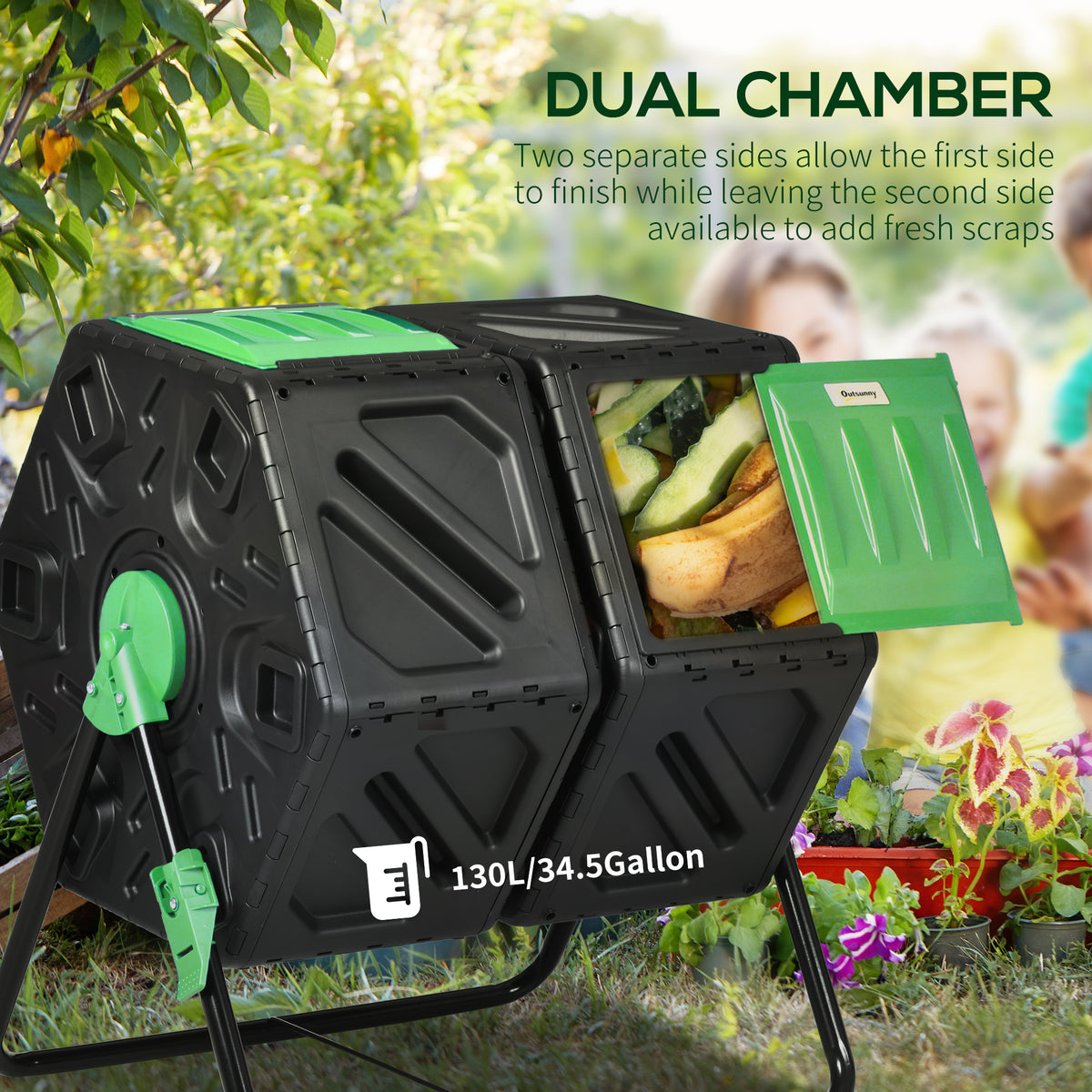Rotating Composter, Dual Chamber Compost Bin with 24 Vents and Steel Legs, 34.5 Gallon, Brown