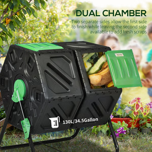 Rotating Composter, Dual Chamber Compost Bin with 24 Vents and Steel Legs, 34.5 Gallon, Brown