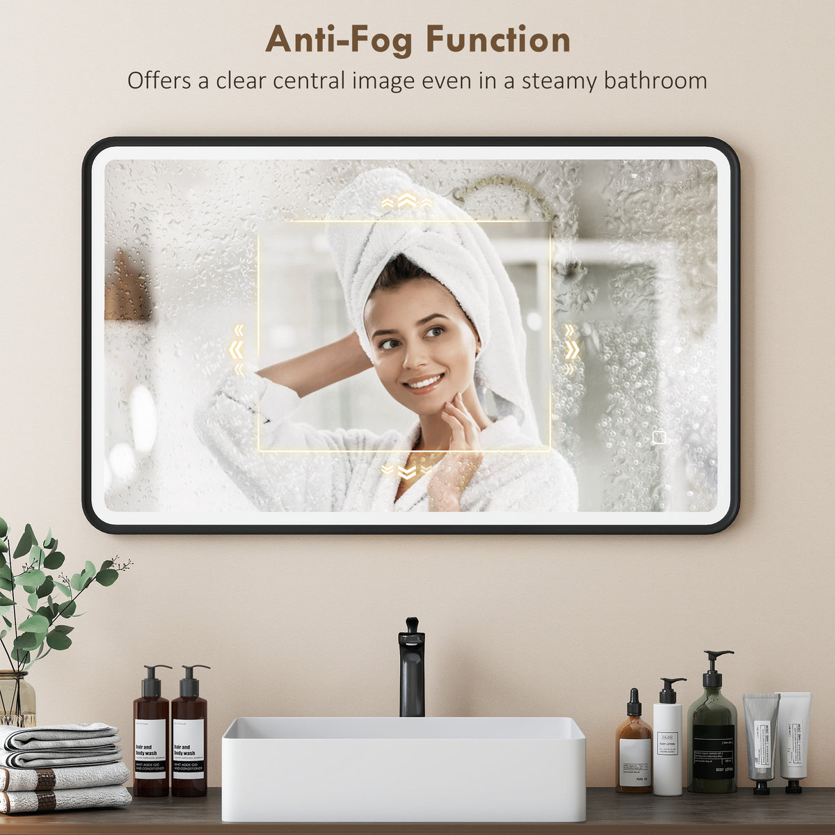 40" x 24" Bath Mirror with LED Lights, Wall Mounted Restroom Mirror, 3 Colours, Dimmable, Horizontal/Vertical, Black