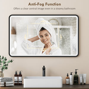 40" x 24" Bath Mirror with LED Lights, Wall Mounted Restroom Mirror, 3 Colours, Dimmable, Horizontal/Vertical, Black